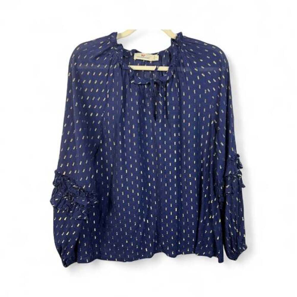 Vineyard Vines Navy Blue Gold Metallic Ruffled Silky V Neck Blouse Top